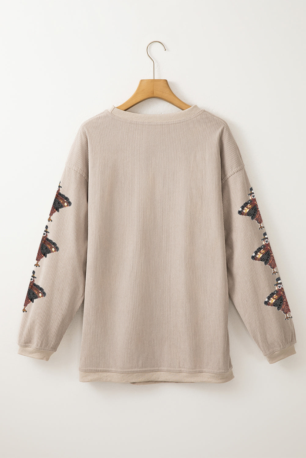 Smoke Gray Gobble Turkey Thanksgiving Sequined Patch Corded Baggy Sweatshirt