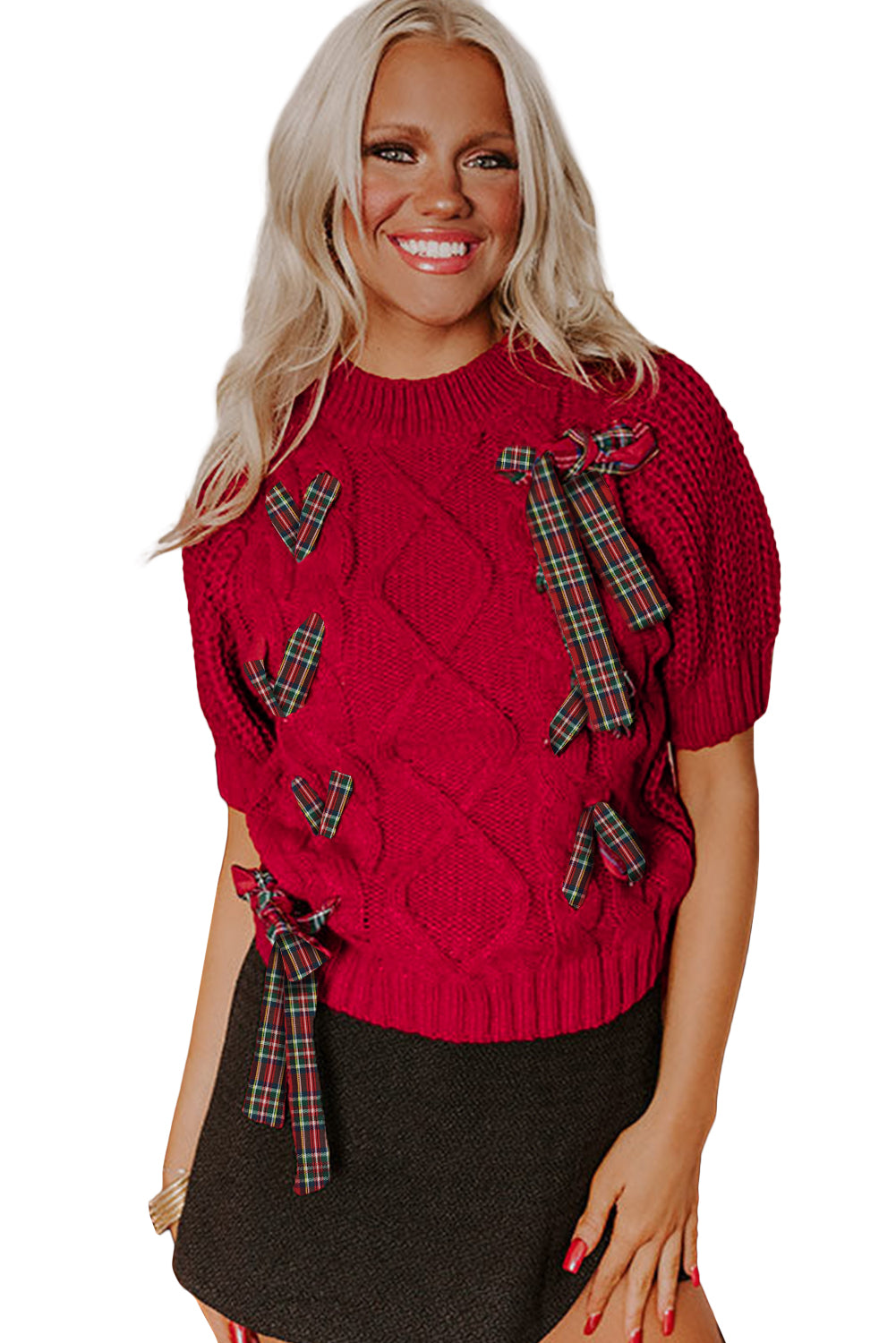 Red Plaid Lace-Up Detail Christmas Holiday Puff Short Sleeve Sweater