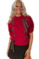 Red Plaid Lace-Up Detail Christmas Holiday Puff Short Sleeve Sweater