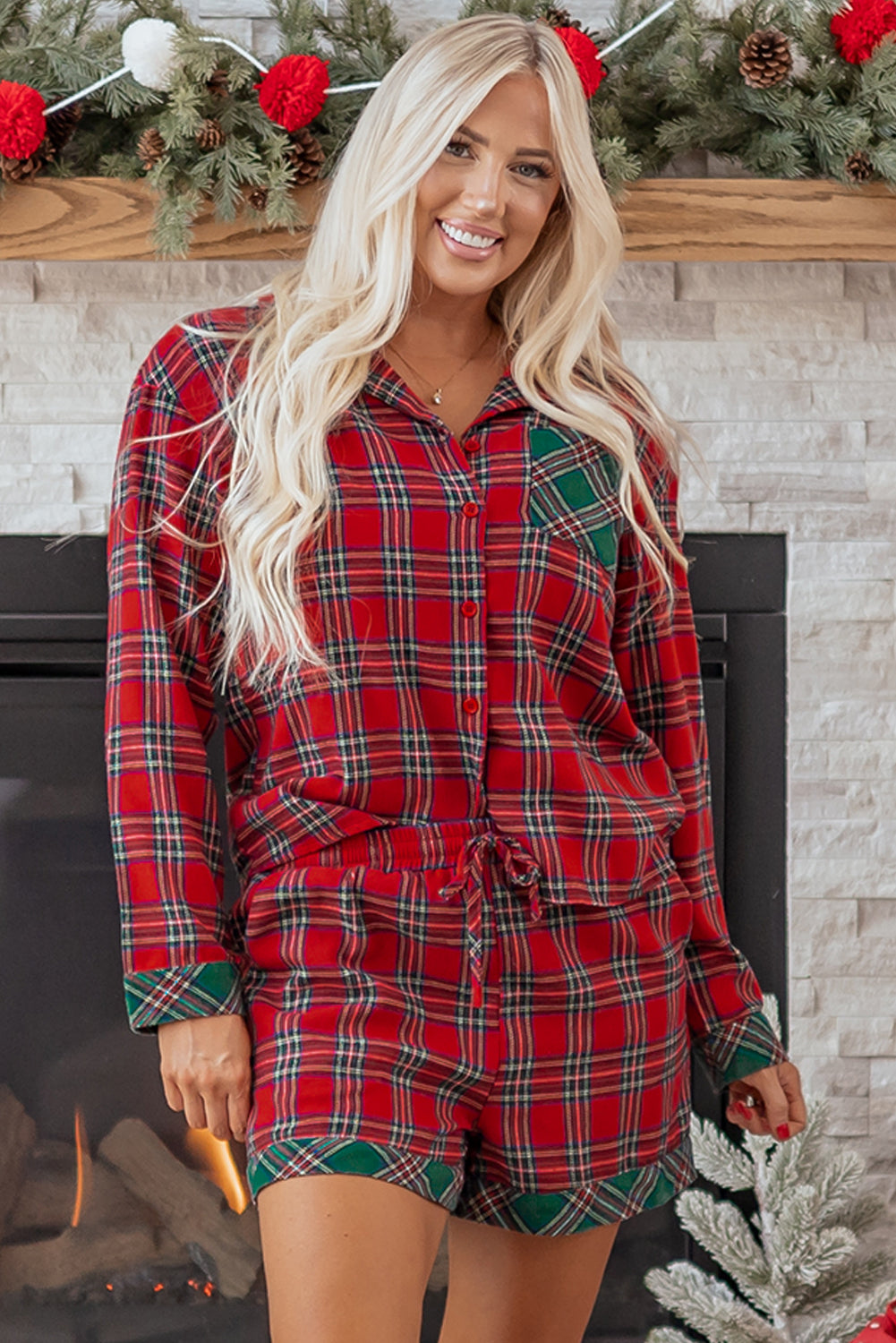 Red Plaid Contrast Patched Christmas Holiday Long Sleeve Shirt and Short Two Piece Pajama Set