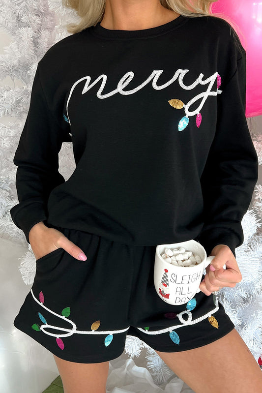 Black Sequin Merry Graphic Pullover and Shorts Set