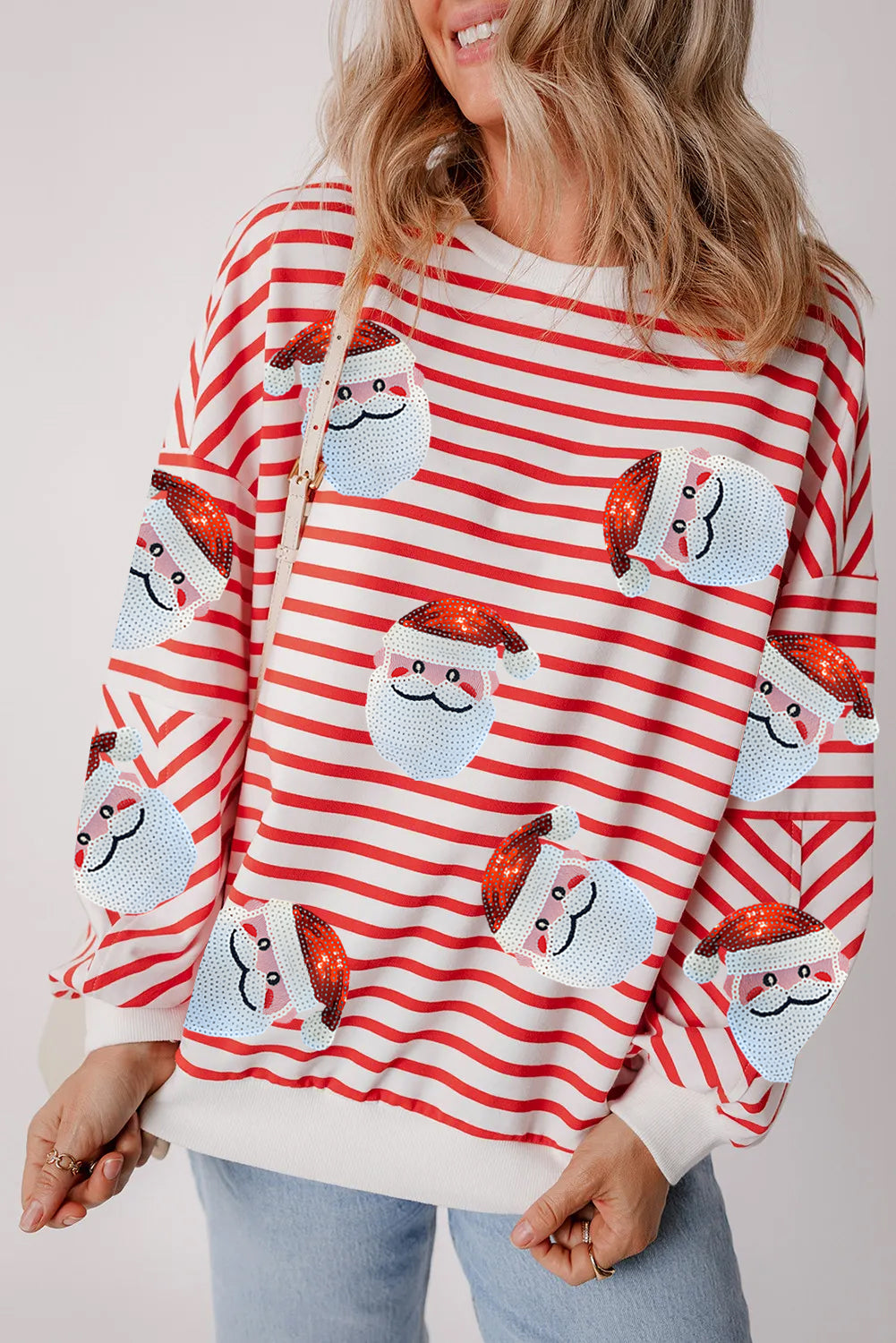 Striped Sequin Santa Claus Patch Application Loose Fitting Sweatshirt