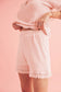 Pink Fringe Trim Waffle Knit Textured Shorts Set