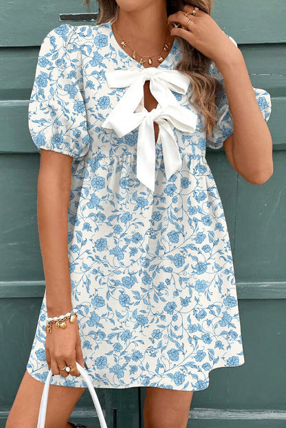 Blue Floral Puff Sleeve Mini Dress with Statement Bow