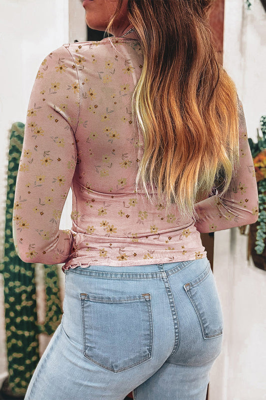 Pink Floral Print Mesh Slim Fit Long Sleeve Top