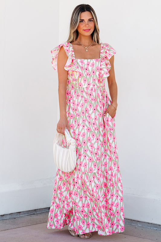 Pink Floral Ruffle Strap Maxi Dress – Cottagecore Square Neckline