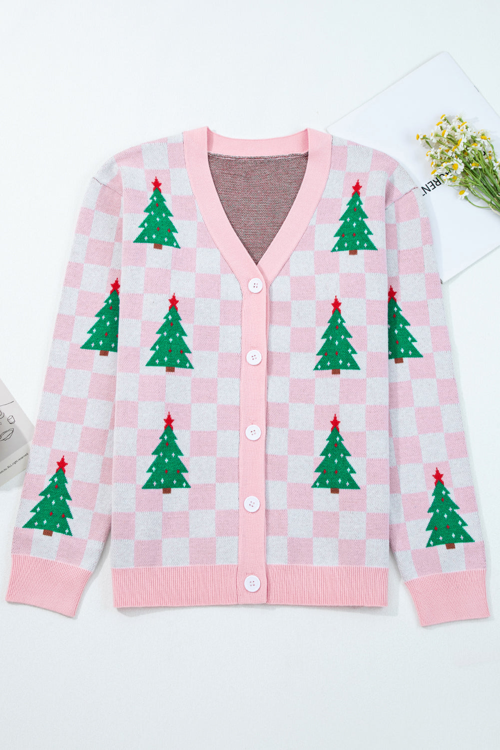 Pink Checkered Christmas Tree Pattern Button V-Neck Knit Cardigan