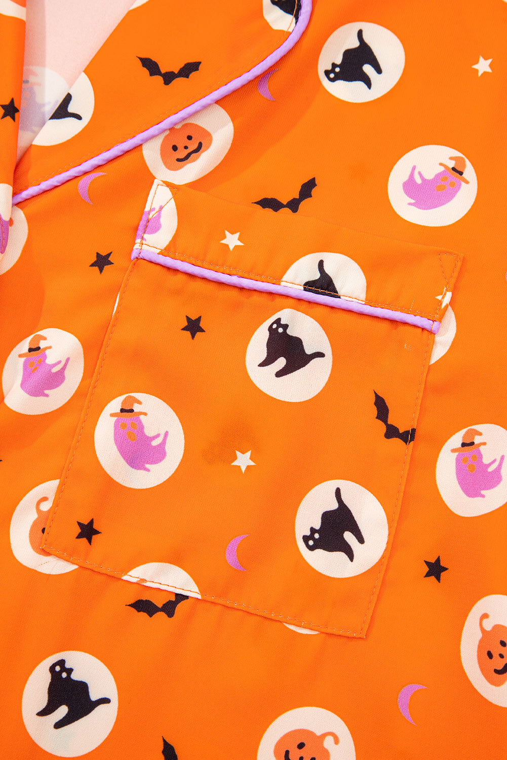 Orange Halloween Print Lapel Shirt and Pants Pajama Set