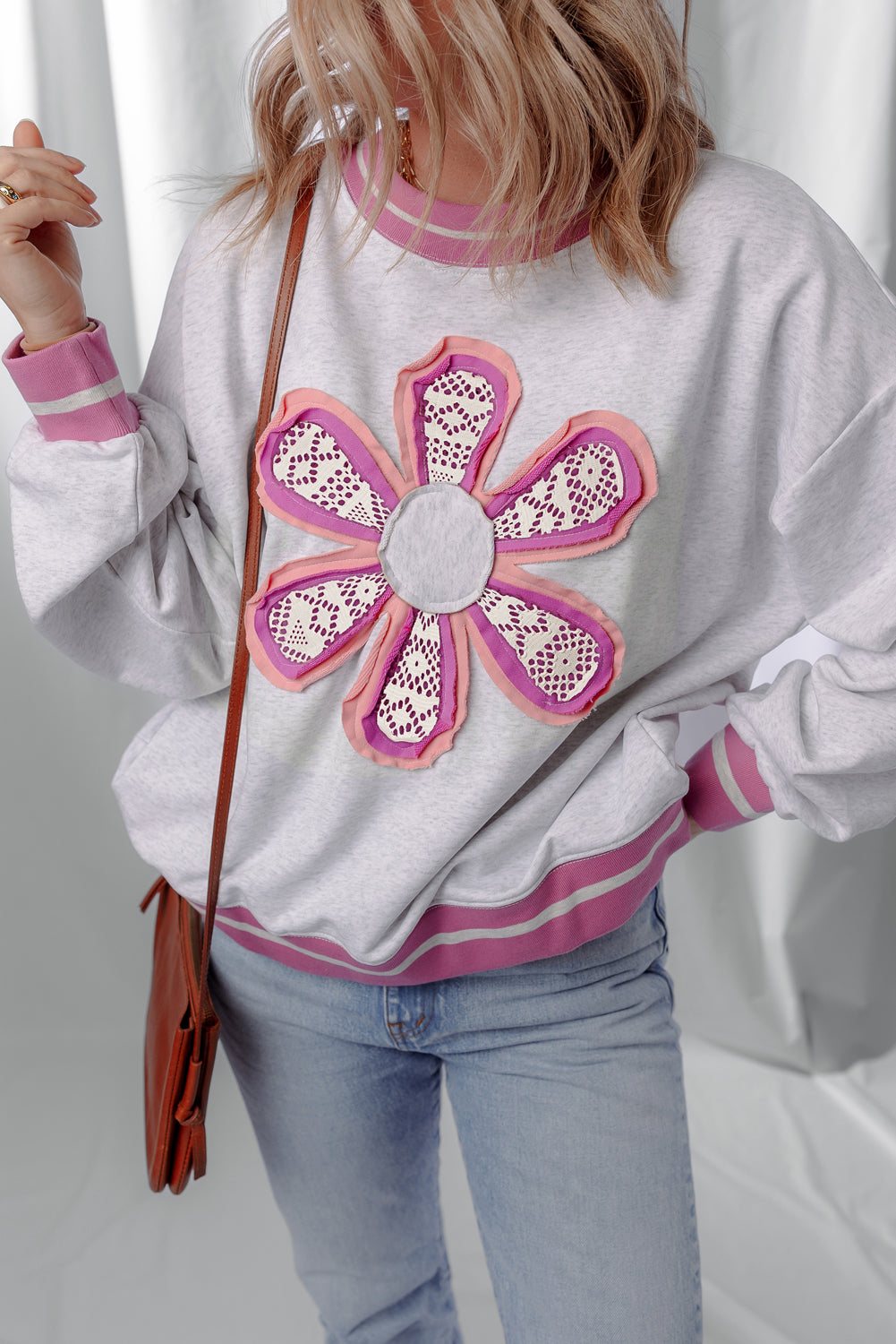 Flower Power Contrast Trim Crewneck Sweatshirt