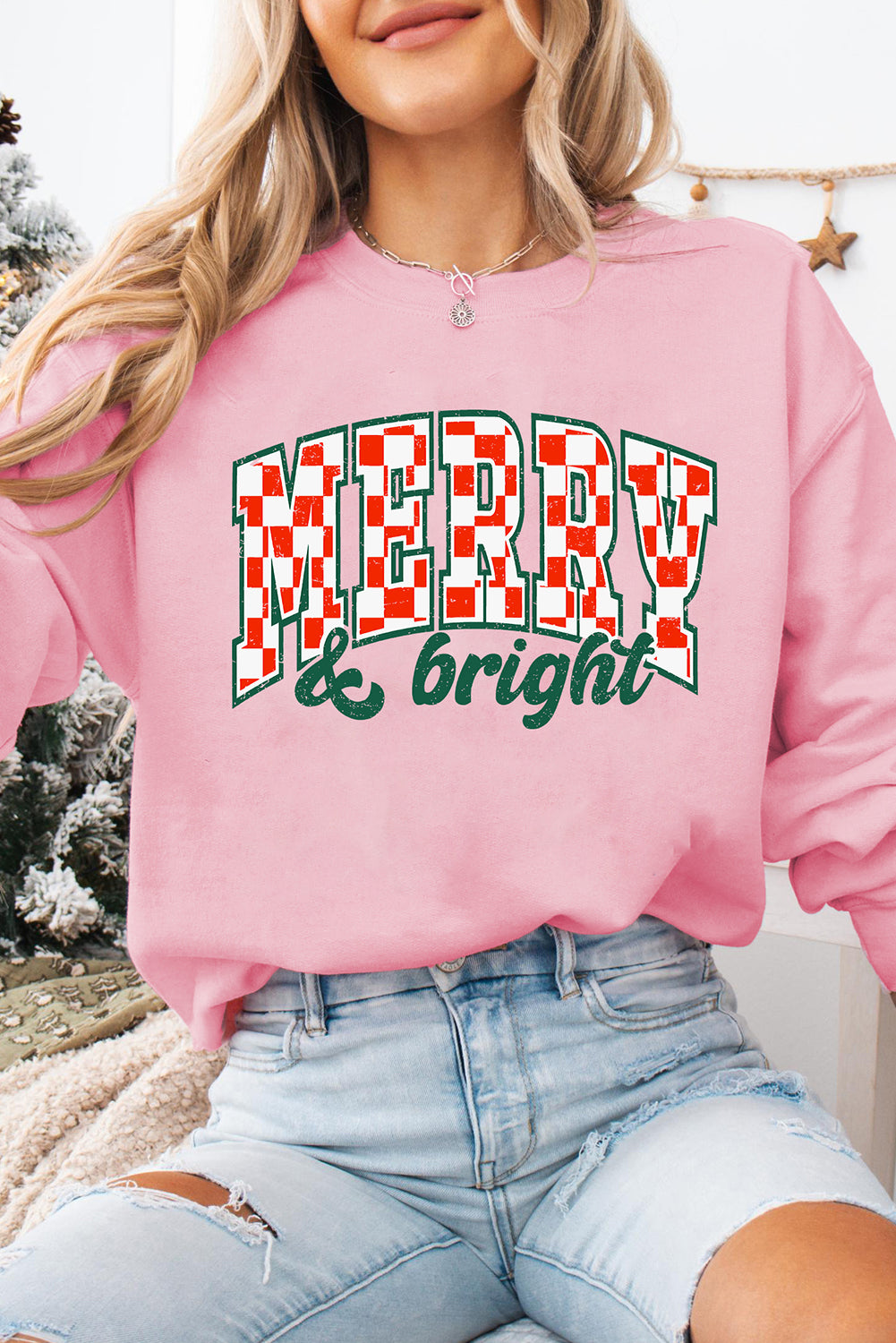 Pink Merry & Bright Printed Holiday Pullover Sweatshirt