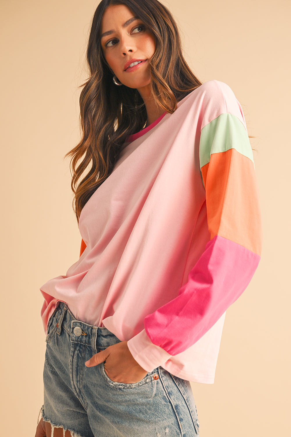 Rose Red Color Block Sleeve Loose Fit Top