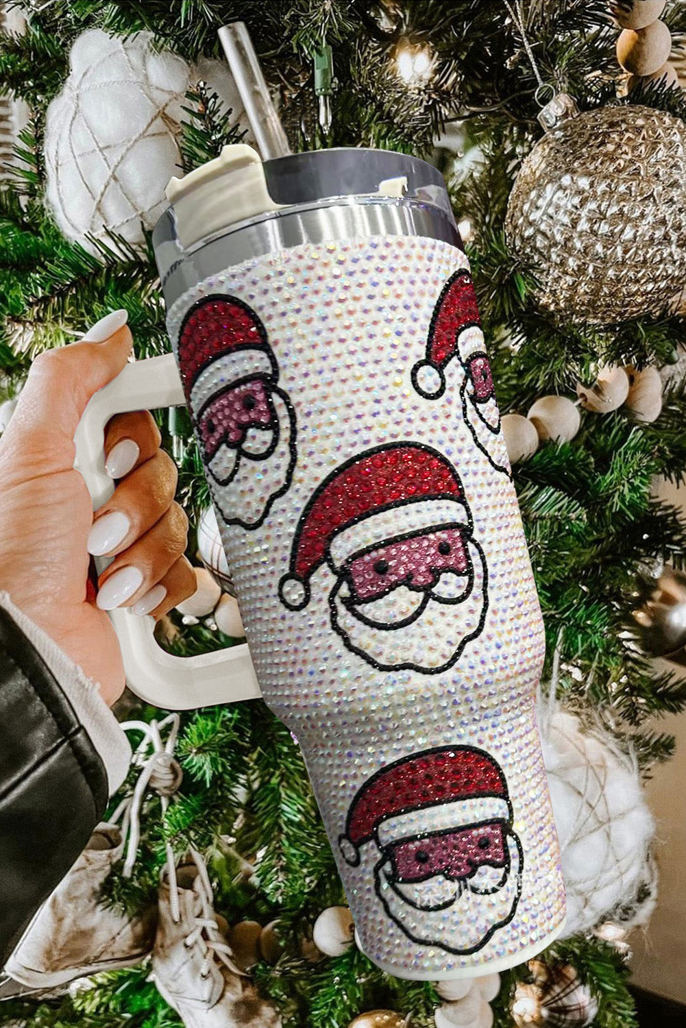 Rose Red Christmas Santa Printed Diamond Water Cup