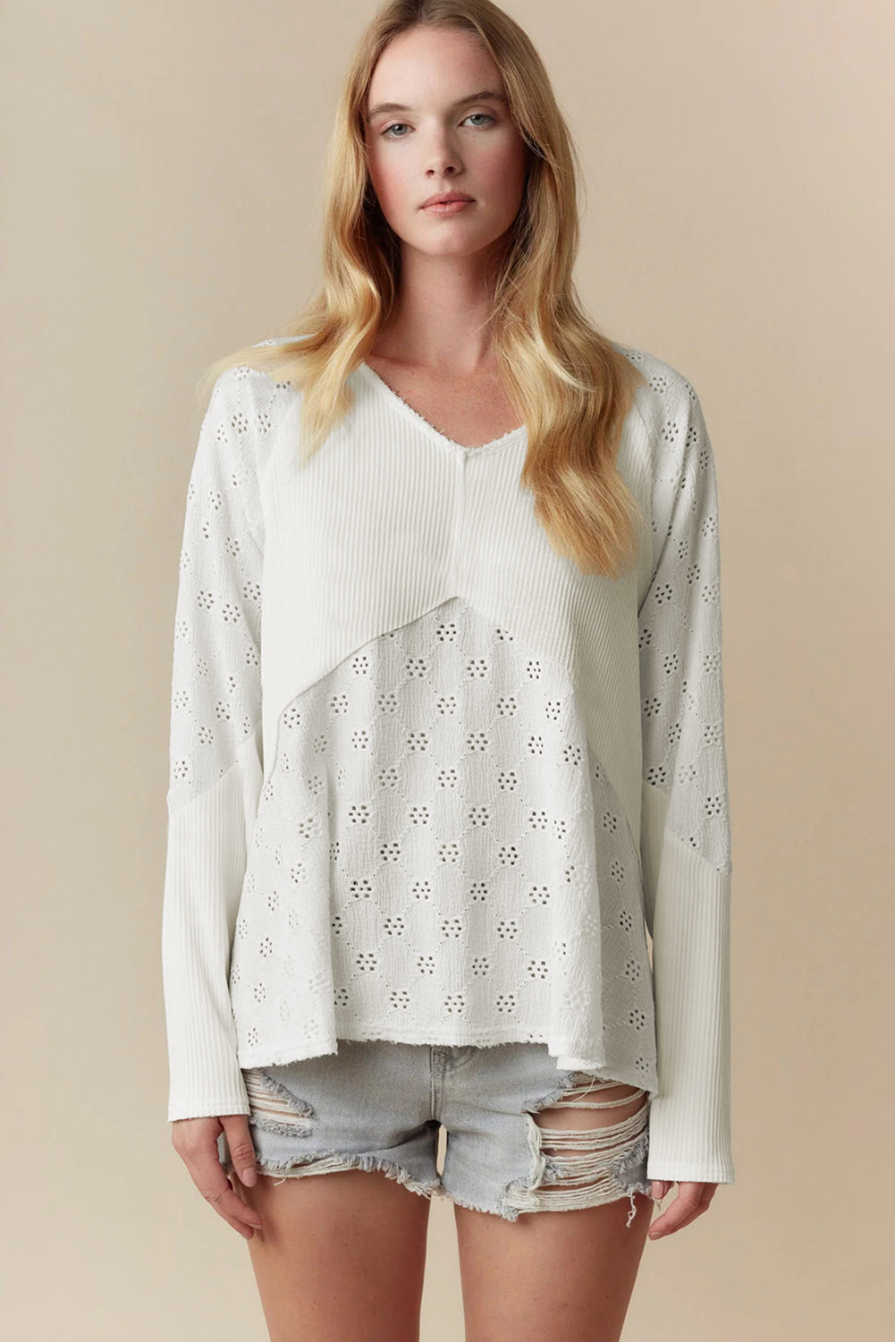 Embroidered Patchwork V-Neck Top – White