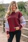 Red Sandalwood Plaid Colorblock Patchwork Sleeve Raw Seam Sweatshirt
