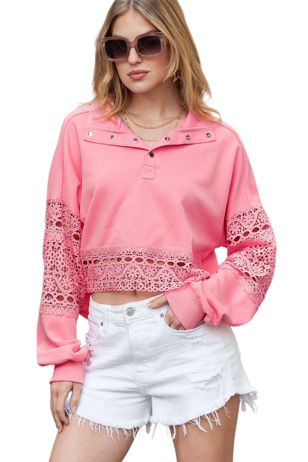 Pink Hollow Embroidery Patchwork Snap Button Sweatshirt