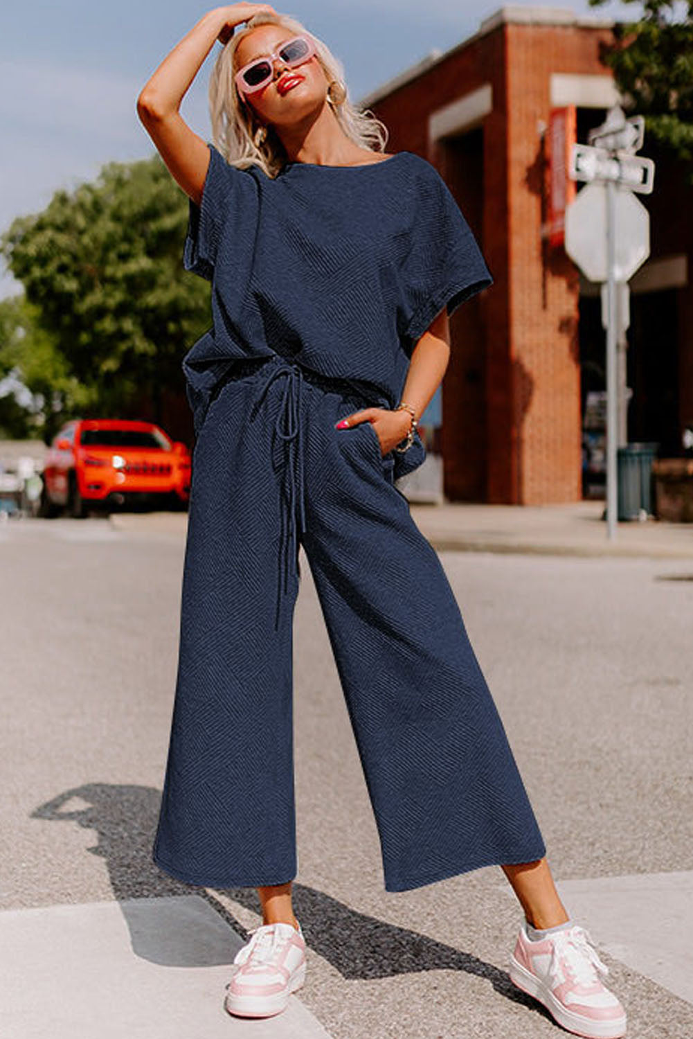 Textured Lounge Set – Relaxed Fit Tee & Drawstring Pants