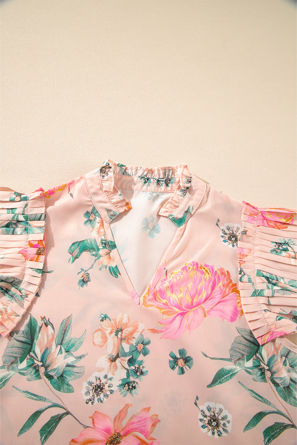 Pink Floral Print Frill V-Neck Pleated Sleeve Blouse