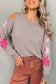 Simply Taupe Embroidered Floral Sleeve Round Neck Loose Sweater