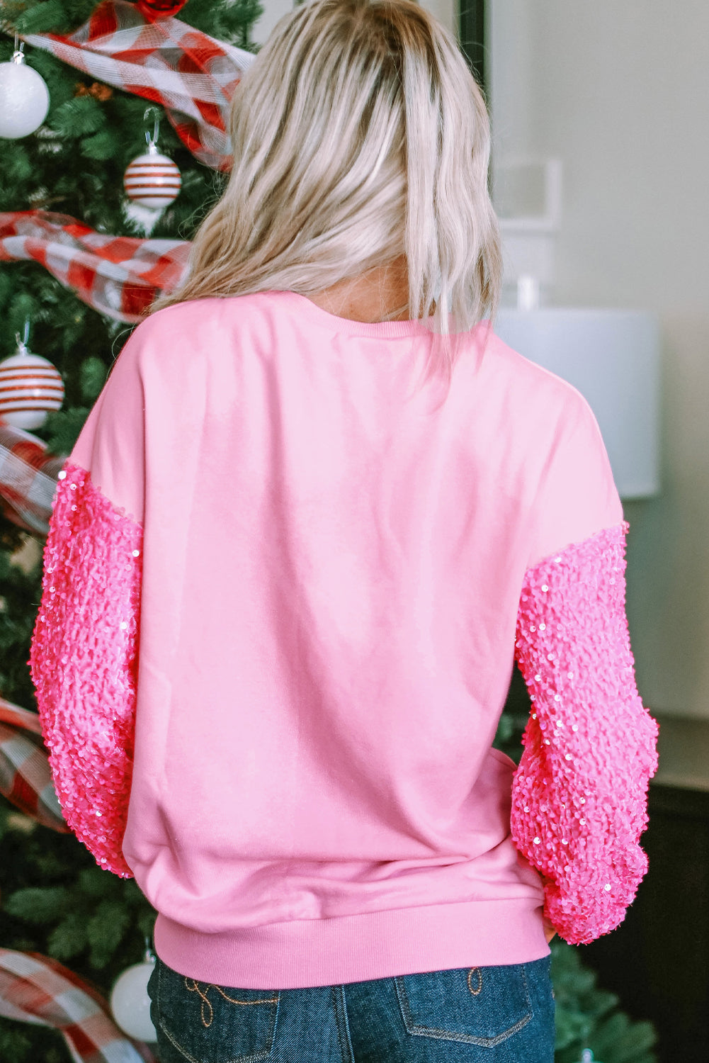 Pink Merry Christmas Graphic Sequin Sleeve Patchwork Top