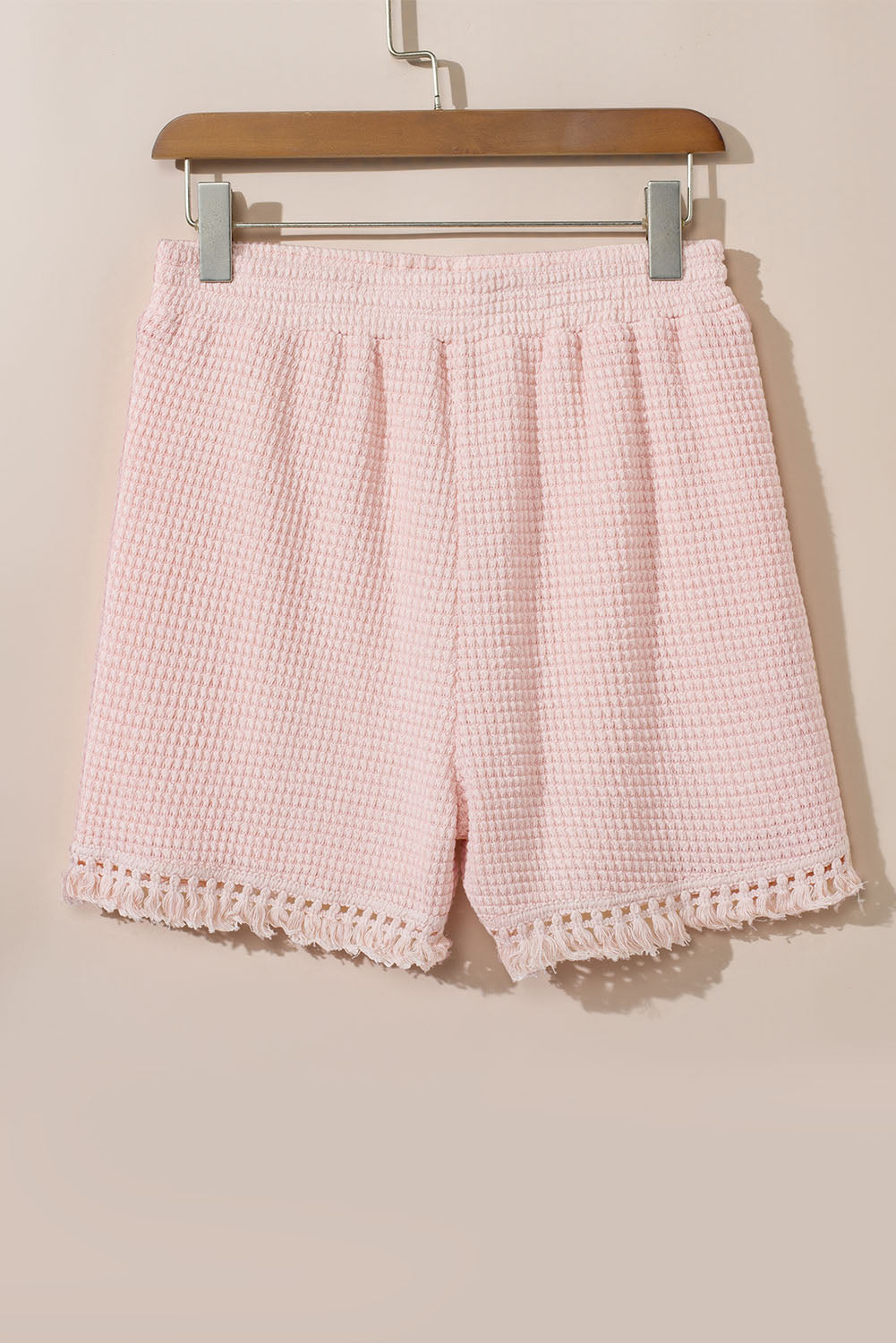 Pink Fringe Trim Waffle Knit Textured Shorts Set