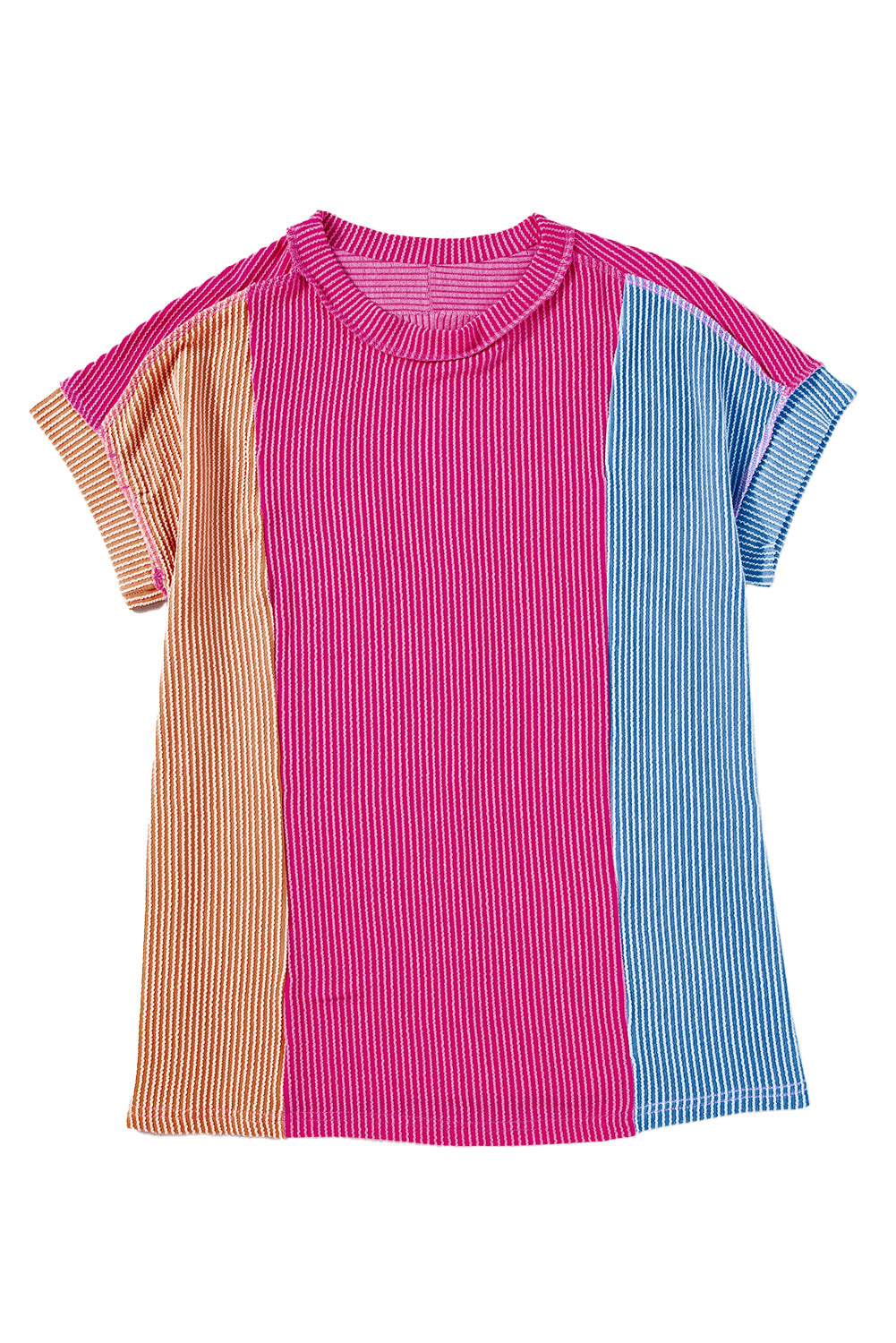 Apricot Pink Colorblock Crinkle Rib Round Neck T Shirt