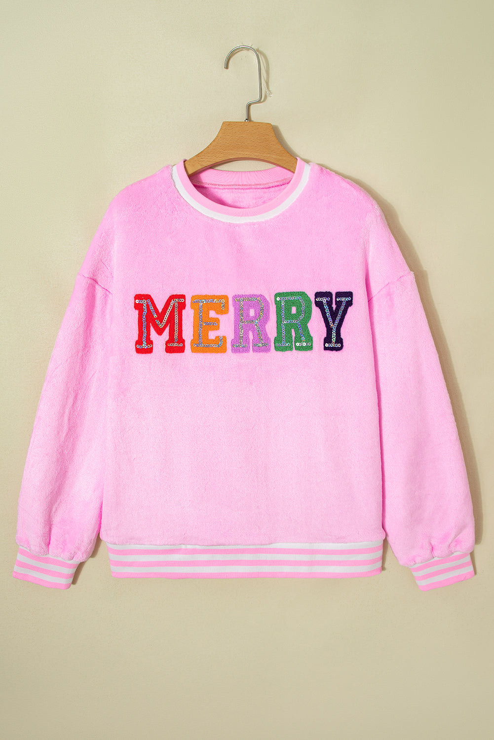 Pink Merry Letter Pattern Plush Pullover