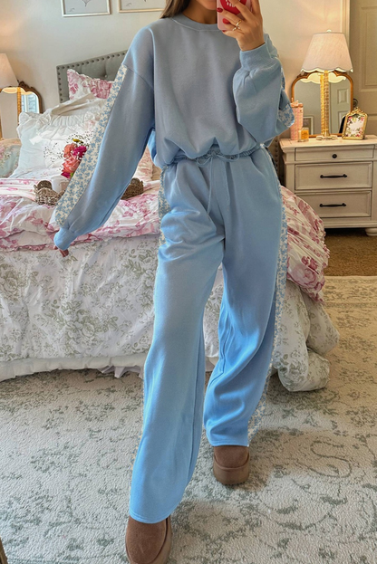 Blue Floral Patchwork Drop Shoulder Pullover and Sweatpants Lounge Set