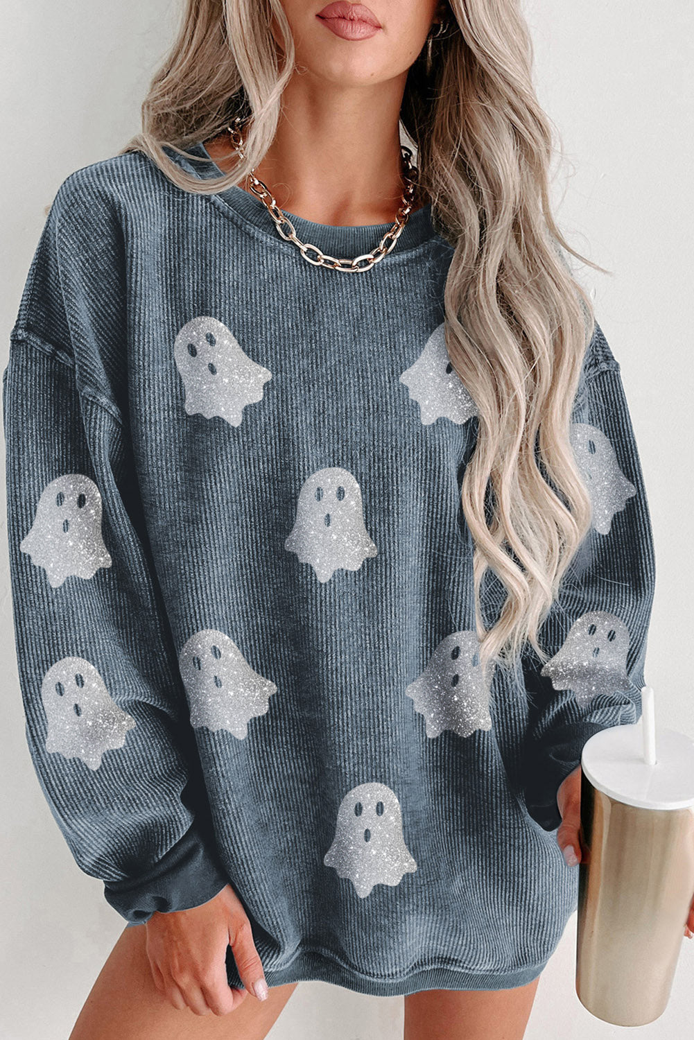 Gray Halloween Ghost Corded Crew Neck Loose Sweatshirt