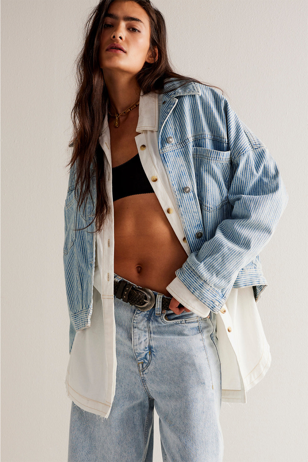 Dark Blue Washed Oversized Pocketed Denim Jacket