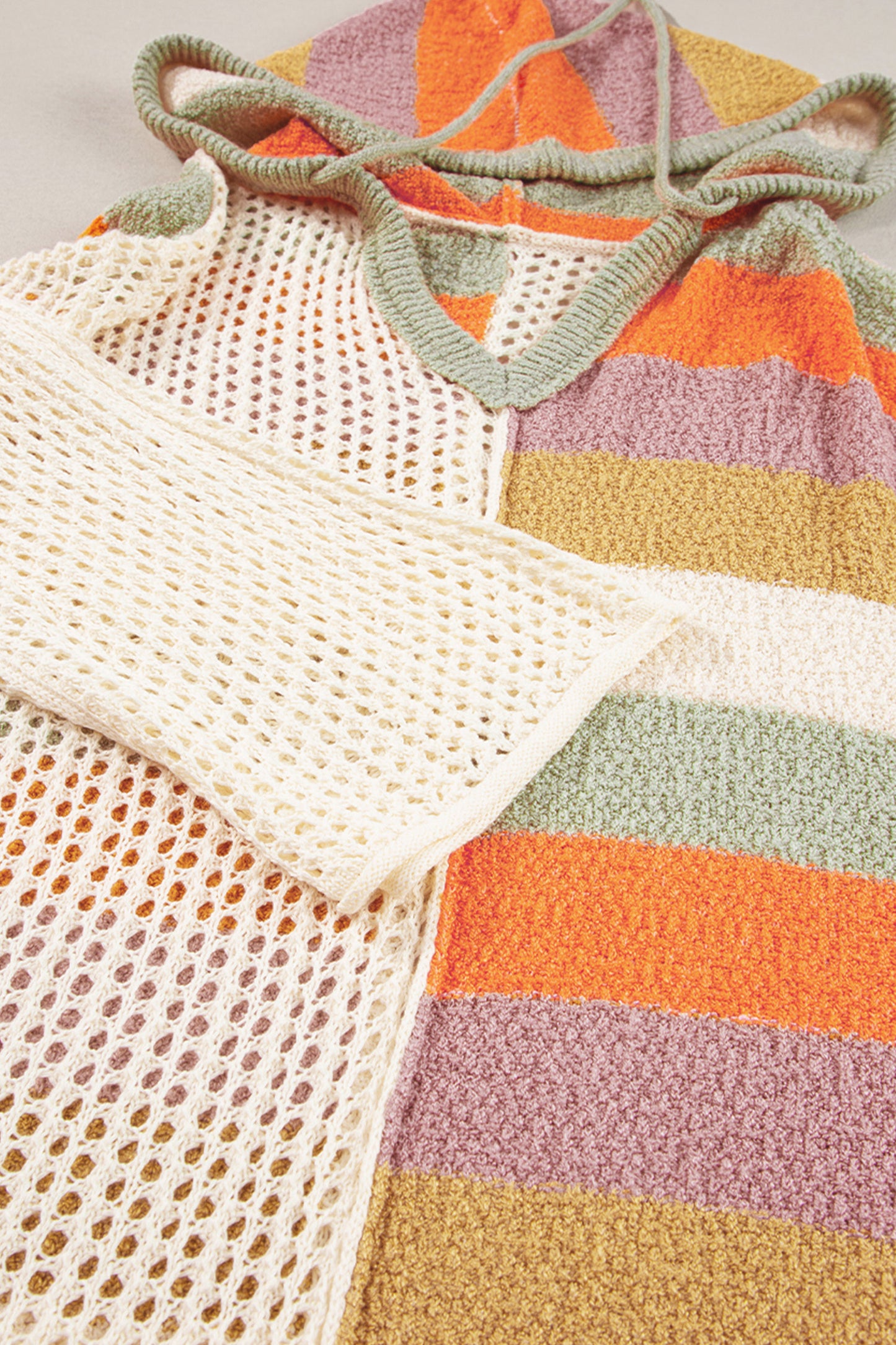 Beige Oversized Colorblock V-Neck Hooded Sweater