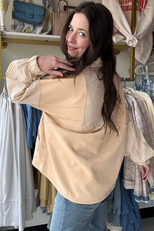 Quarter Zip Striped Patchwork Drop Shoulder Loose Long Sleeve Top