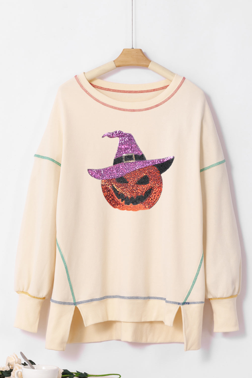 Black Glittering Pumpkin Wizard Graphic Exposed Seam Halloween Sweatshirt