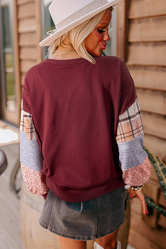 Plaid Patchwork Sleeve Raw Seam Sweatshirt