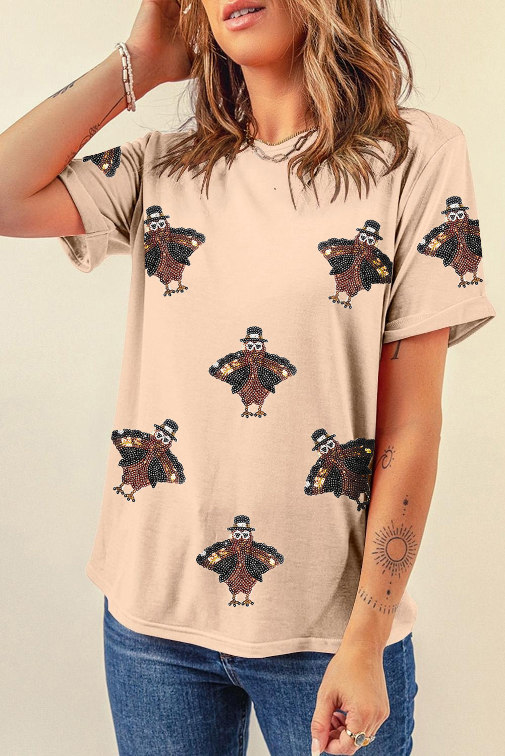 Khaki Owl Sequin Print Round Neck Graphic Tee