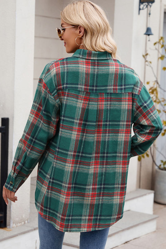 Green Plaid Chest Pocket Button Front Shirt