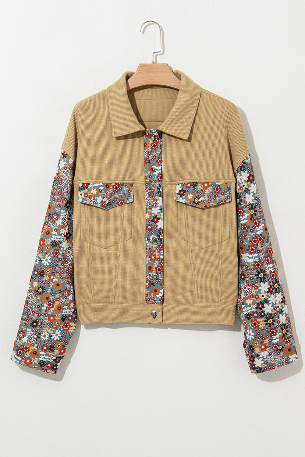 Khaki Waffle Knit Floral Print Patchwork Button Up Jacket