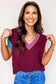 Burgundy Contrast Trim V-Neck Cuffed Short Sleeve Loose Sweater