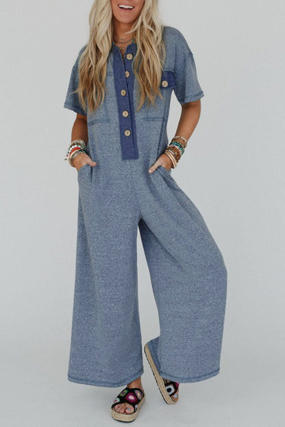 Denim Blue Patchwork Short Sleeve Jumpsuit with Pockets