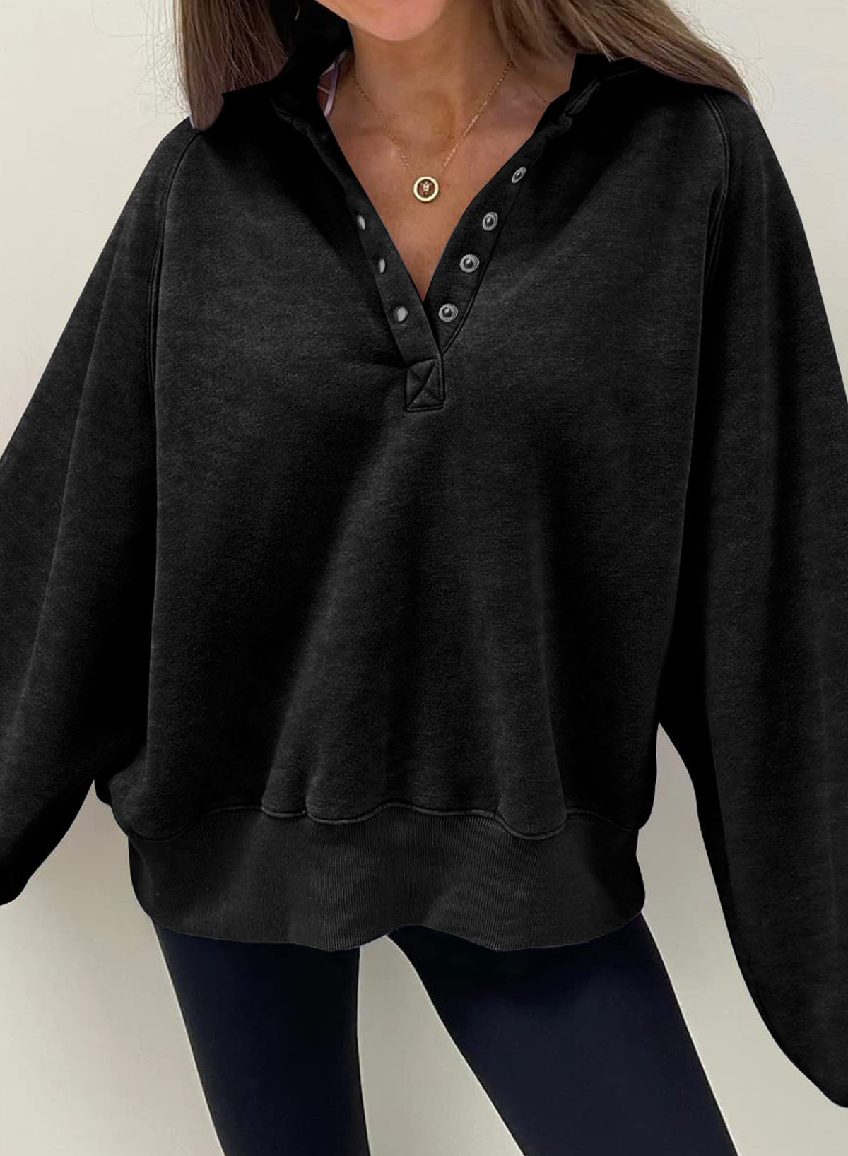 Black Snap Buttons Collared Balloon Sleeve Oversized Sweatshirt