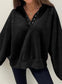 Black Snap Buttons Collared Balloon Sleeve Oversized Sweatshirt