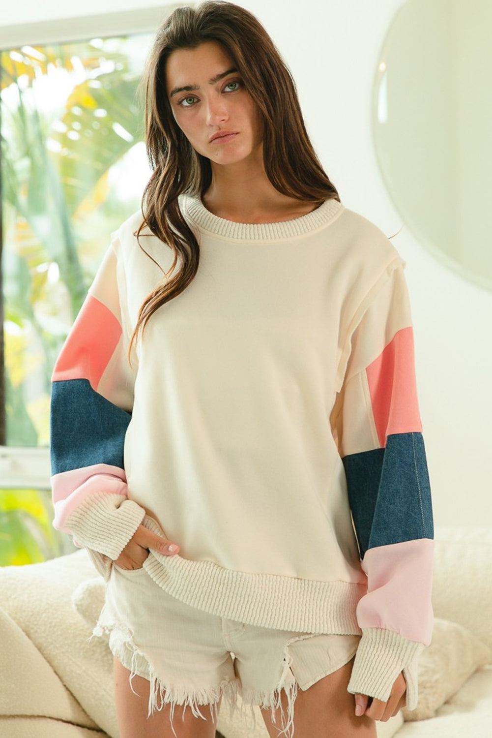 White Color Block Sleeve Ribbed Trim Long Sleeve Top