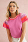 Bright Pink Contrast Sleeve Striped Round Neck Knitted Tee