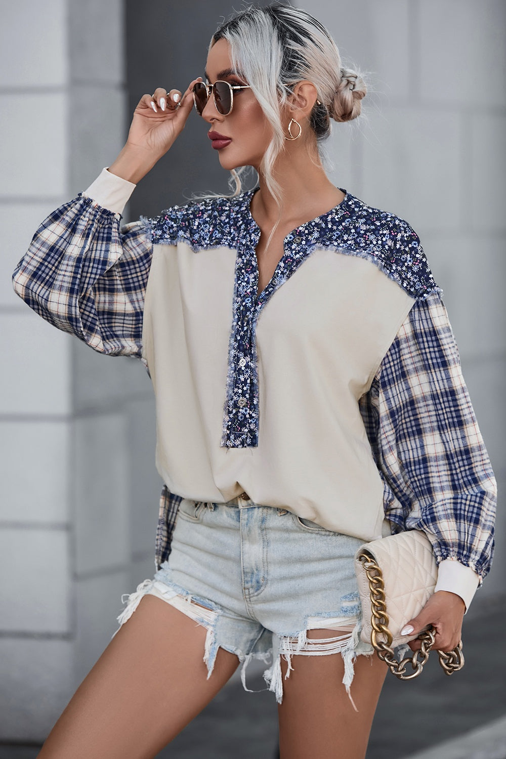 Plaid Notched Neck Slit Blouse