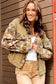 Khaki Waffle Knit Floral Print Patchwork Button Up Jacket