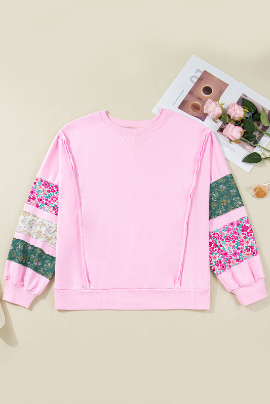 Pink Plus Size Mix Floral Patched Sleeve Ribbed Trim Baggy Sweatshirt