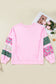 Pink Plus Size Mix Floral Patched Sleeve Ribbed Trim Baggy Sweatshirt