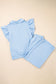 Beau Blue Textured Ruffled Sleeve Zipped Top and Wide Leg Pants Set