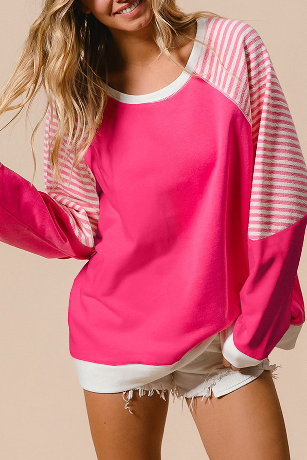 Strawberry Pink Striped Patchwork Raglan Sleeve Top