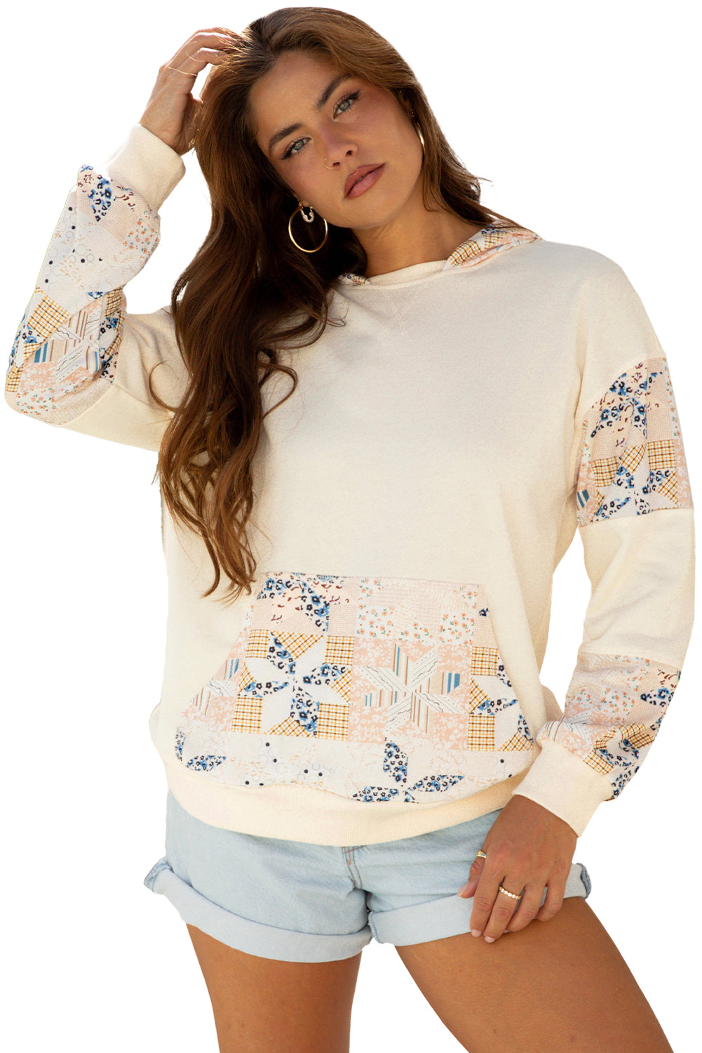 Beige Geo Pattern Patchwork Hoodie with Kangaroo Pocket