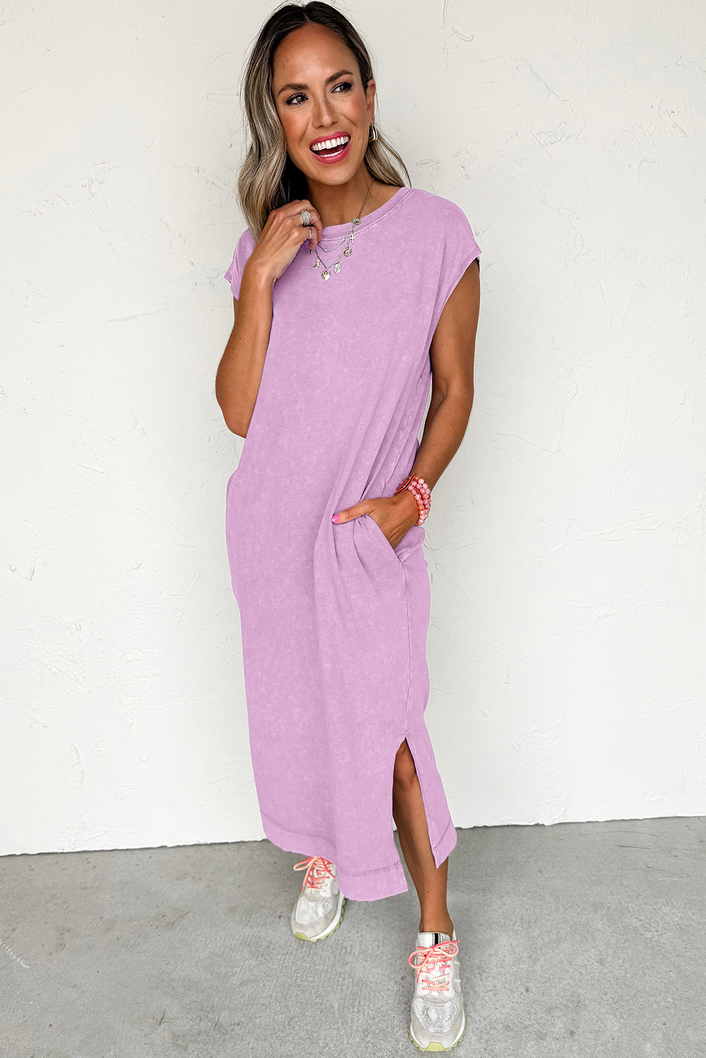 Wisteria Mineral Wash Pocketed Sleeveless T-Shirt Dress